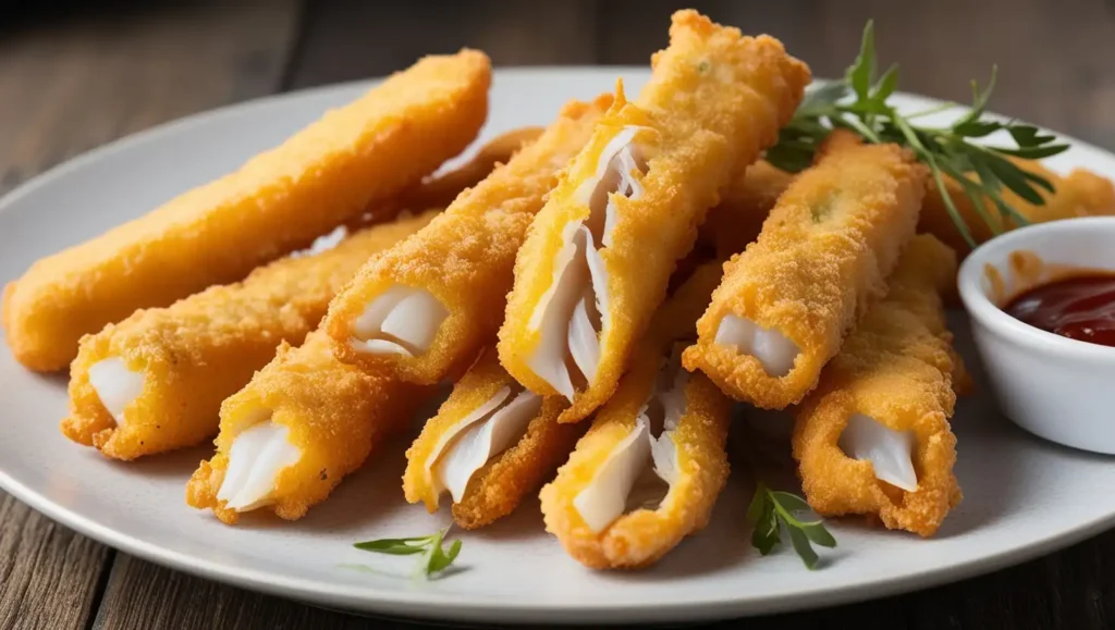 Smaller, thinner strips of fish goujonettes placed on a white plate, freshly cut for frying.