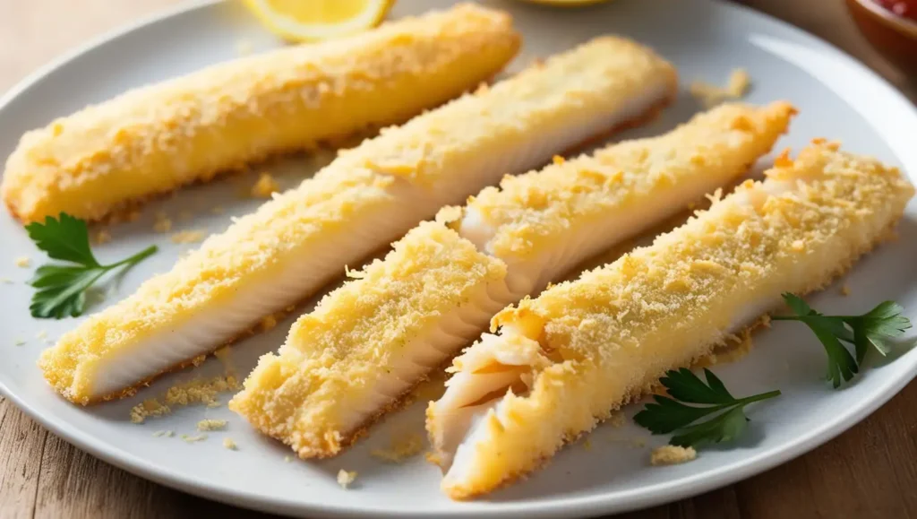 Thin strips of fish goujons on a plate, freshly cut and ready for frying or breading.