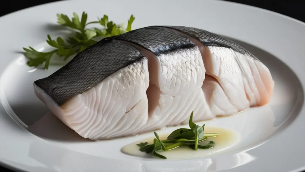 Thick, boneless mignon cut of fish on a white plate, showcasing its firm texture and fresh look.