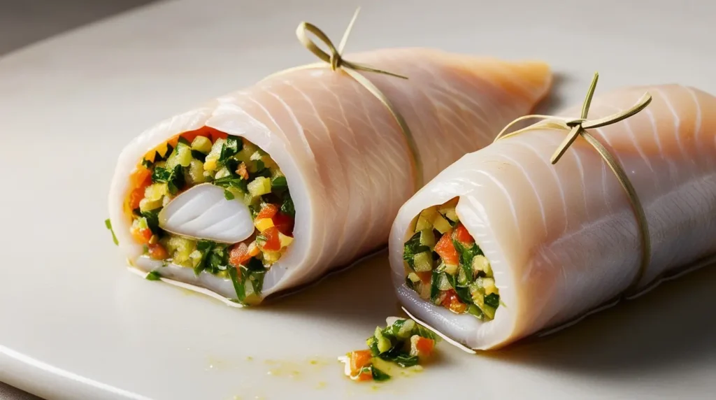 Rolled fish fillet tied with string, forming a paupiette on a chopping board, ready for cooking.