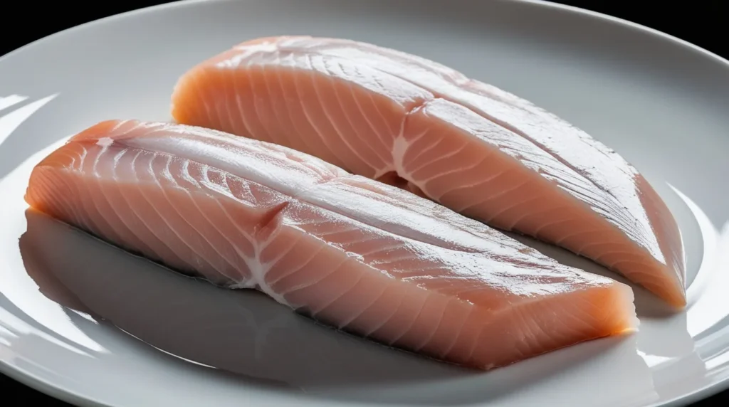 Fish supreme cut displayed on a plate, a boneless and skinless portion ready for cooking.