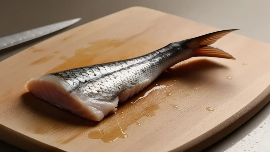 Fish tail on a chopping board, with intact skin and tapered edges ready for cooking