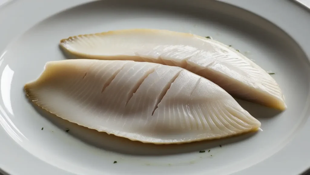 Flatfish troncon steak on a plate, boneless and ready for cooking.