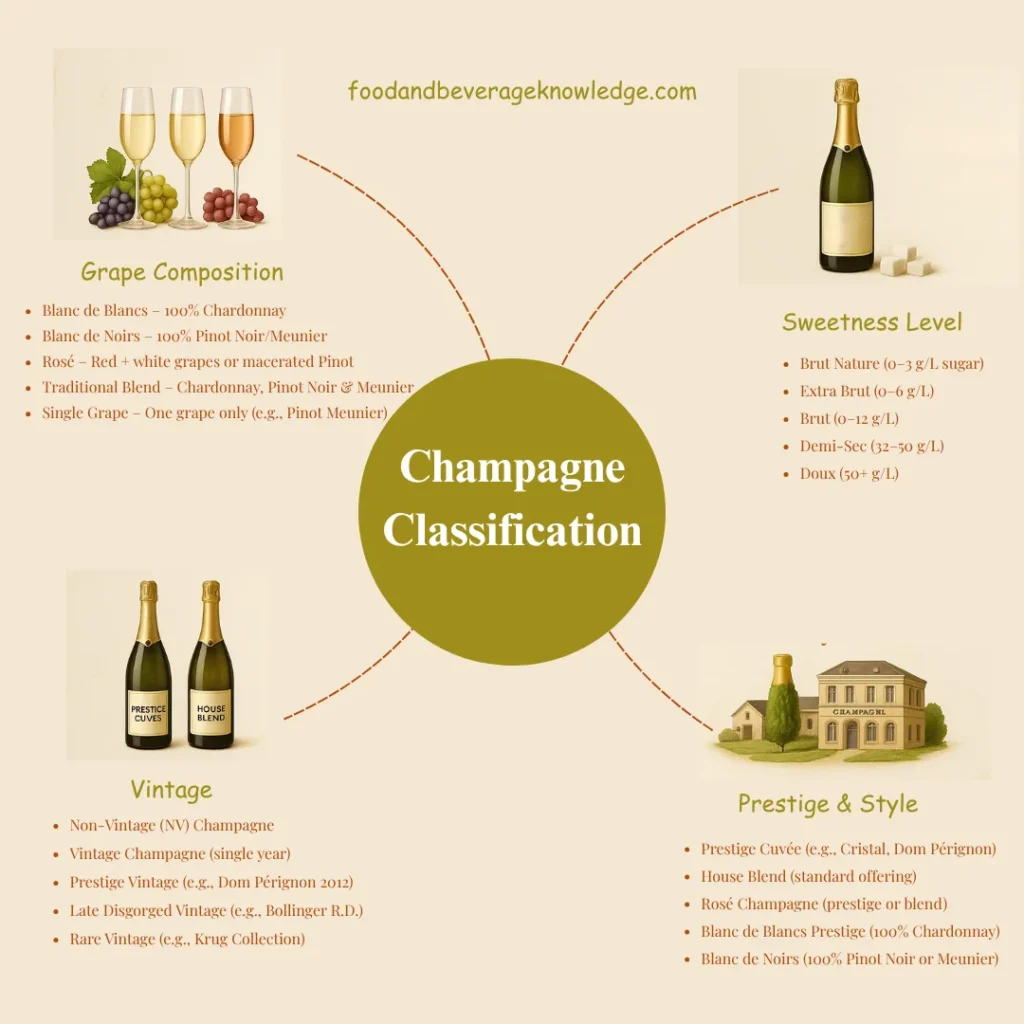 Infographic showing how Champagne is classified by grape type, sweetness level, vintage, style, and producer