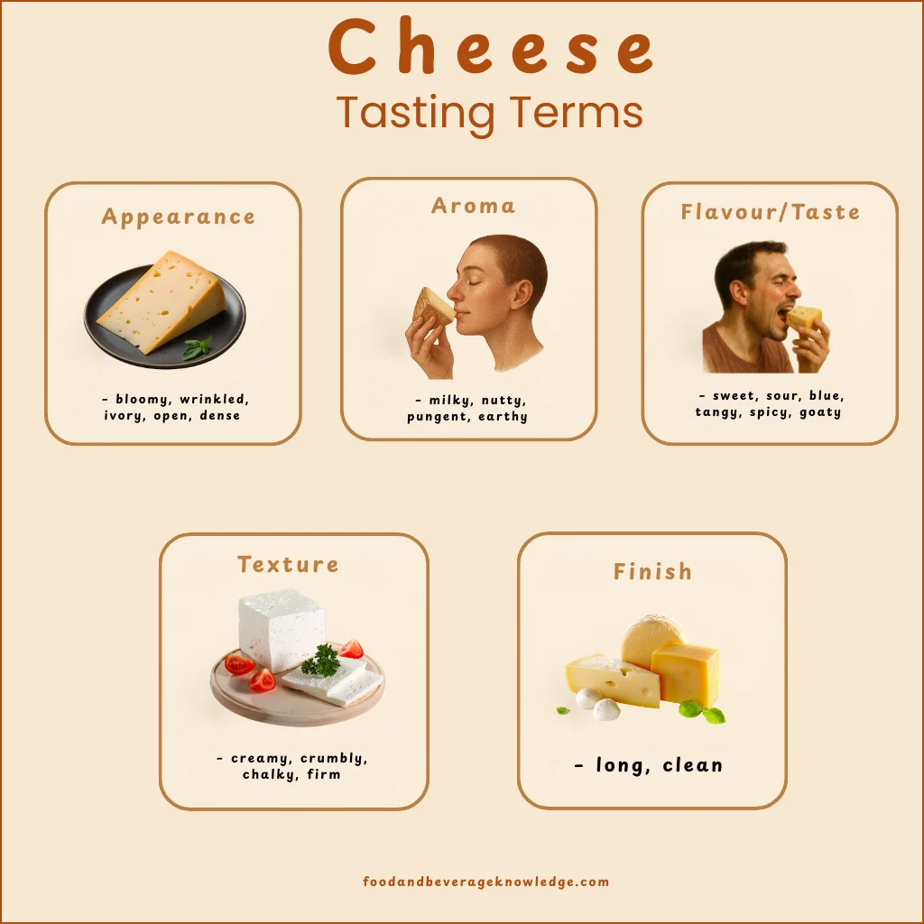 Infographic showing basic cheese tasting terms, including appearance, aroma, texture, flavour, and finish, with short descriptive examples for each
