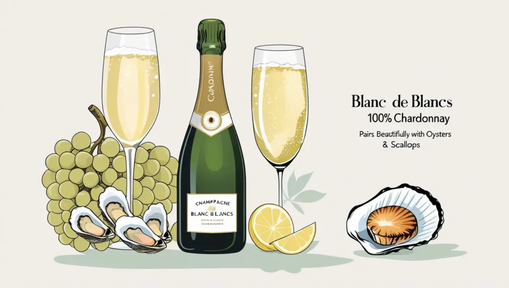 Flat-style illustrated infographic of Blanc de Blancs Champagne featuring a labeled Champagne bottle marked "100% Chardonnay", a flute of pale golden bubbly, and a bunch of white Chardonnay grapes. Includes elegant illustrations of raw oysters with lemon and a seared scallop. Clean, minimalist vector design in soft pastel tones on a light background, with modern text reading: "Blanc de Blancs", "100% Chardonnay", and "Pairs beautifully with oysters & scallops"