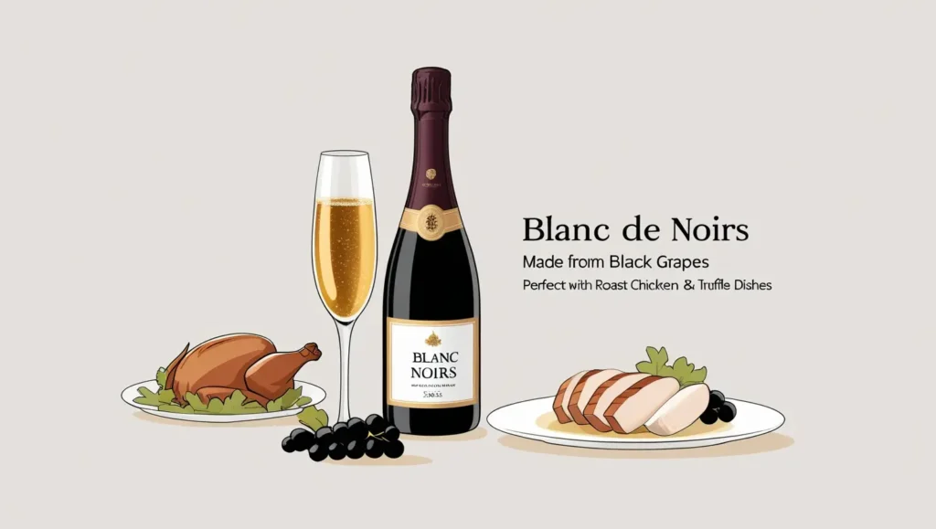 Flat-style illustrated infographic of Blanc de Noirs Champagne featuring a stylized bottle labeled "100% Pinot Noir" or "Blanc de Noirs – Black Grapes", next to a flute of deep golden sparkling wine. Includes a cluster of dark-skinned grapes, a plate of roast chicken slices, and an elegant truffle mushroom dish. Designed with rich but soft tones like burgundy, gold, and earth colors, in a minimalist vector style on a light neutral background. Modern text reads: "Blanc de Noirs", "Made from Black Grapes", and "Perfect with Roast Chicken & Truffle Dishes"