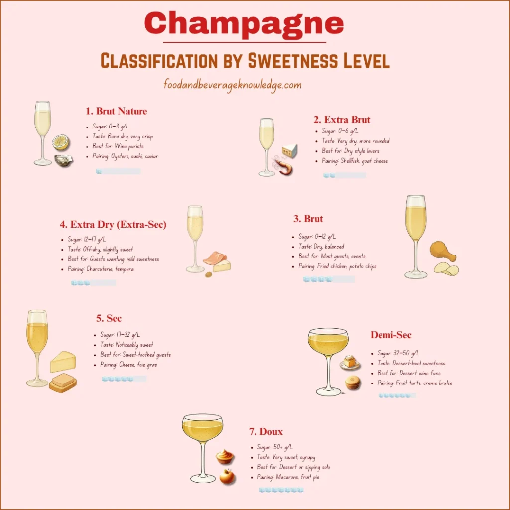 Infographic showing champagne sweetness levels from Brut Nature to Doux, including sugar content, taste descriptions, ideal food pairings, and best audience preferences.