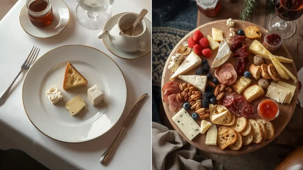 Split-screen image showing the difference between a formal French cheese course and a rustic cheese board with assorted accompaniments.