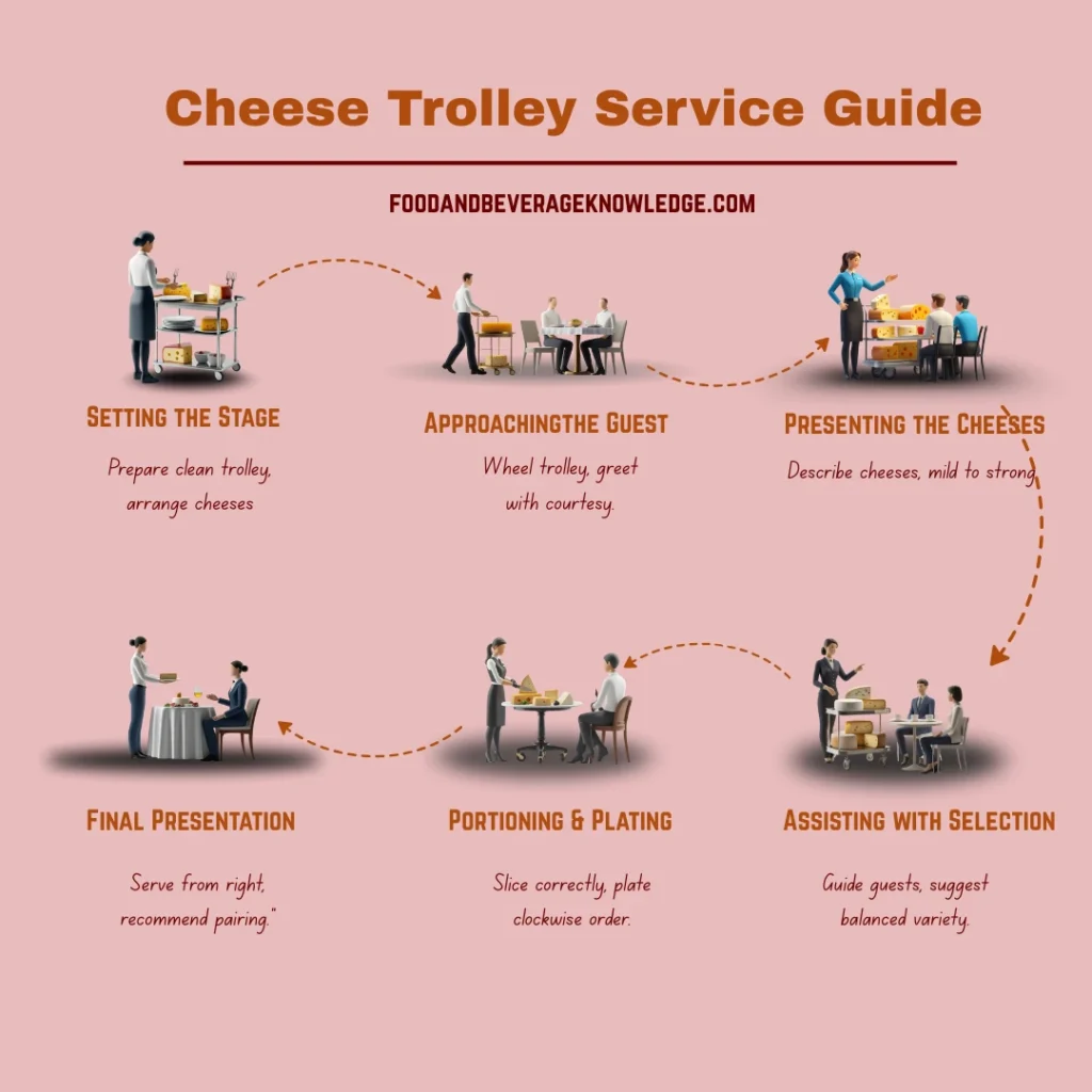 Infographic of six steps in cheese trolley service for fine dining restaurants: preparing the trolley, approaching guests, presenting cheeses, guiding selections, plating portions, and final service with wine pairing.”