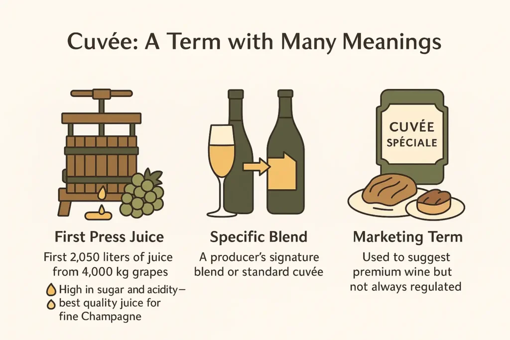 Educational infographic titled “Cuvée: A Term with Many Meanings” featuring three illustrated sections. Section 1 shows a traditional grape press labeled “First 2,050 liters of juice from 4,000 kg grapes” with icons for sugar and acidity, highlighting high-quality first press juice. Section 2 shows two wine bottles blending into one, representing a producer’s signature blend or standard cuvée. Section 3 displays a wine label with “Cuvée Spéciale” highlighted, indicating use as a marketing term. Minimalist vector layout with clean icons and modern text, ideal for Champagne education and wine training.