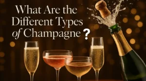 Illustration of different types of Champagne including Brut, Rosé, and Demi-Sec with glasses and bottle on a luxury table