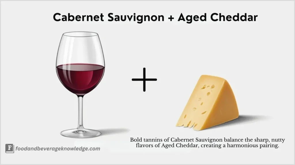 Cabernet Sauvignon in a red wine glass beside aged cheddar wedge, showcasing the pairing's bold flavors.