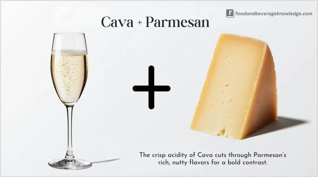 Cava in a flute glass paired with Parmesan cheese.