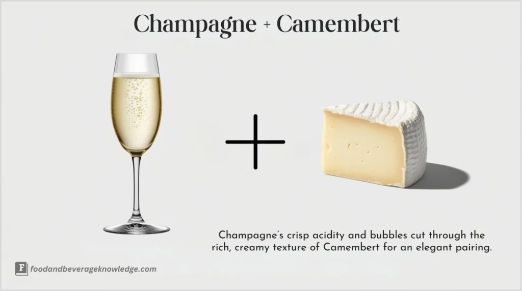 Champagne in a flute glass next to creamy Camembert cheese.