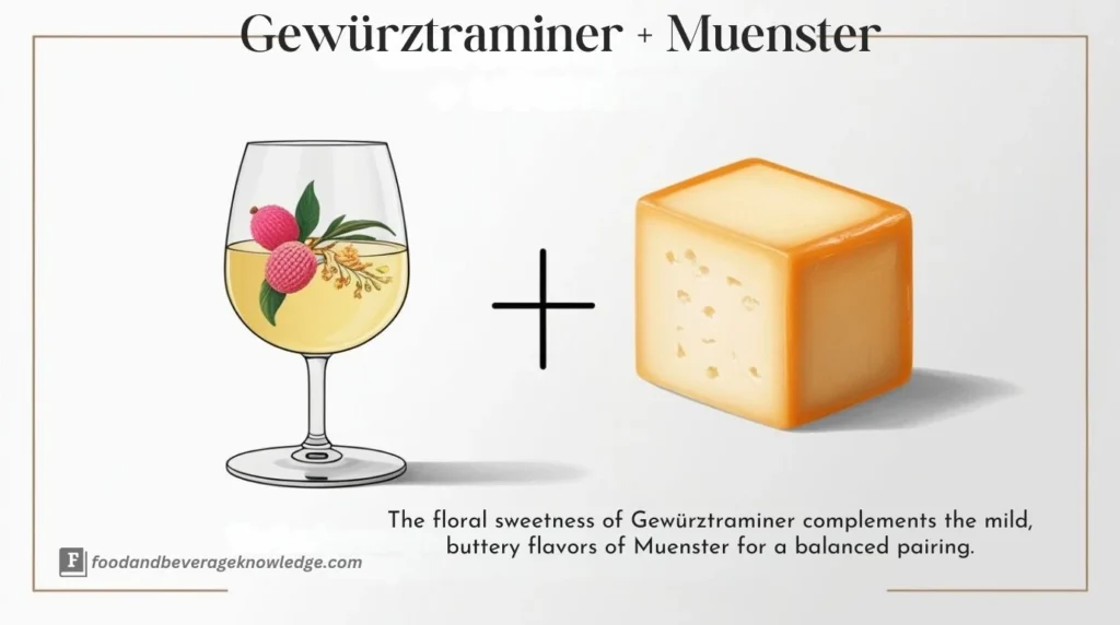 Gewürztraminer in a tulip white wine glass paired with Muenster cheese slices.