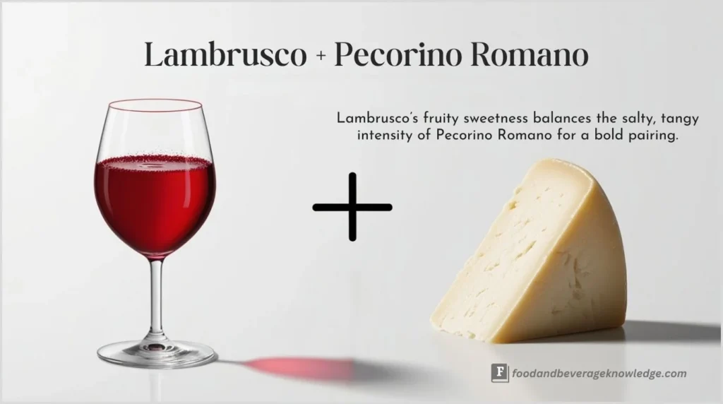 Lambrusco in a red sparkling wine glass beside a wedge of Pecorino Romano cheese.