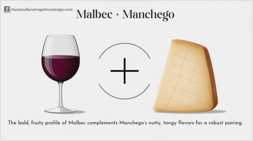 Malbec in a red wine glass next to Manchego cheese, highlighting their complementary flavors.