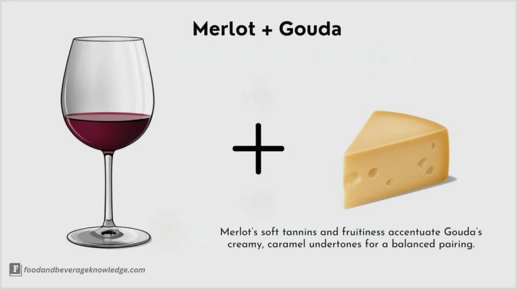 Merlot in a broad red wine glass paired with a wedge of Gouda cheese.