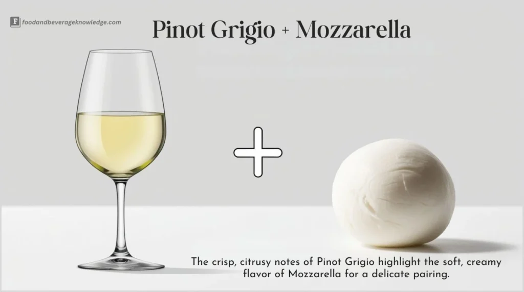 Pinot Grigio in a slim white wine glass beside a ball of mozzarella cheese.