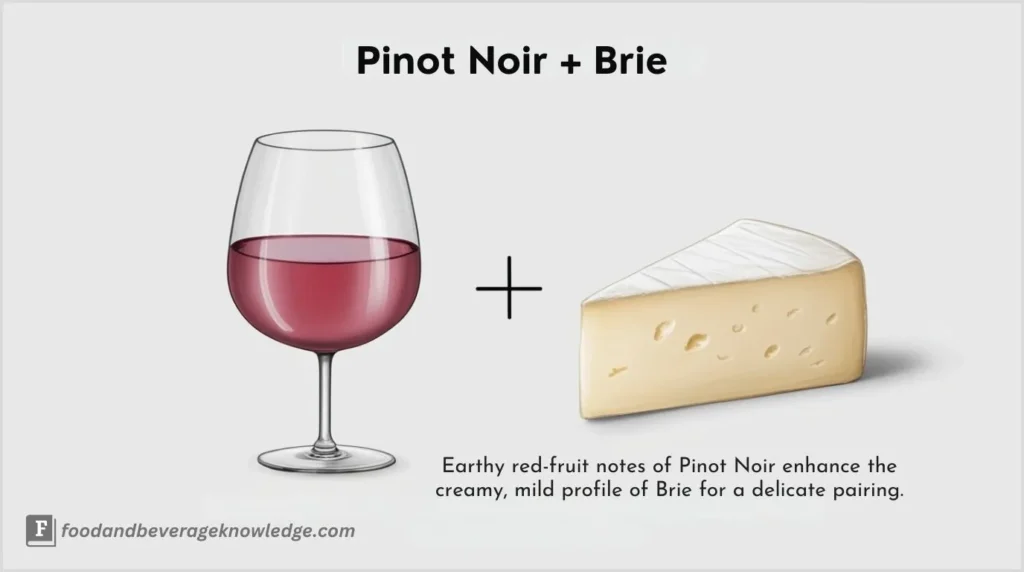 Pinot Noir in a red wine glass next to creamy Brie cheese on a white background.