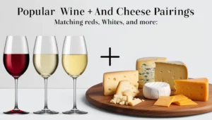 Illustration of wine glasses with red, white, and sparkling wines paired with aged cheddar, brie, and blue cheese on a wooden board.