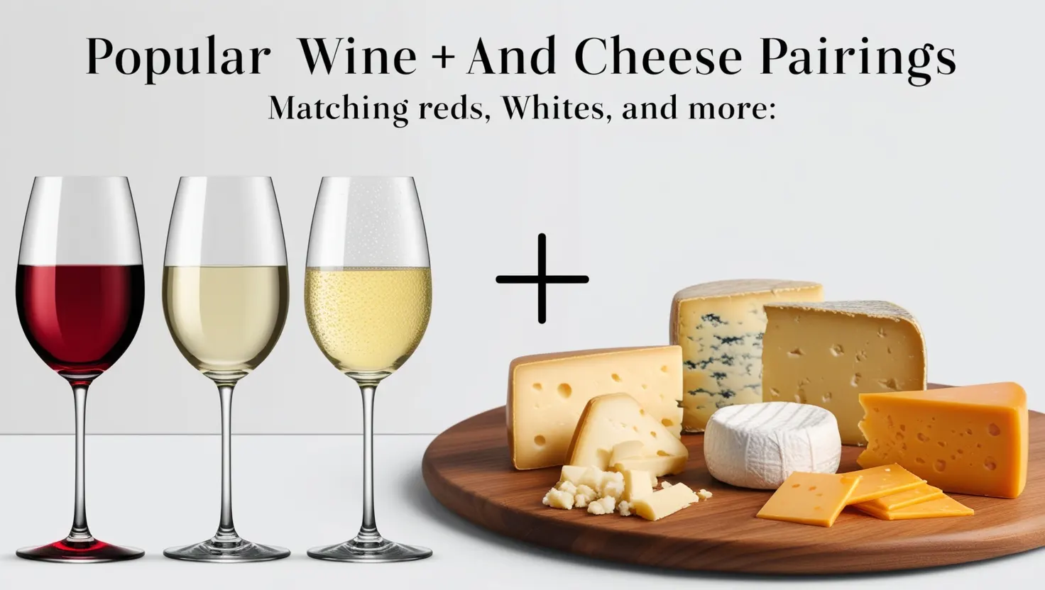 Illustration of wine glasses with red, white, and sparkling wines paired with aged cheddar, brie, and blue cheese on a wooden board.