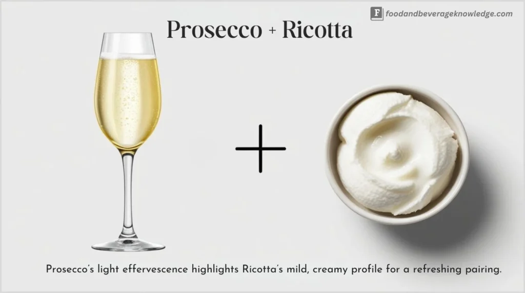 Prosecco in a flute glass beside fresh Ricotta cheese on a small bowl.