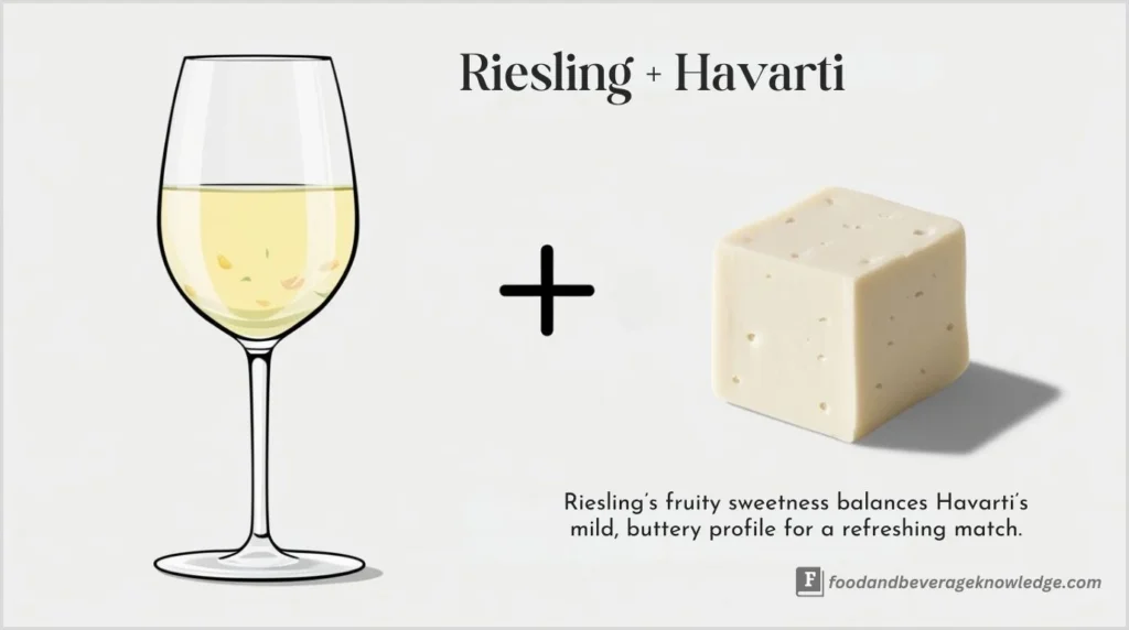 Riesling in a slim white wine glass paired with Havarti cheese on a white plate.