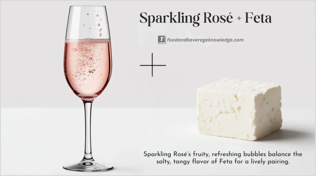 Sparkling Rosé in a pink-hued flute glass beside crumbled Feta cheese.