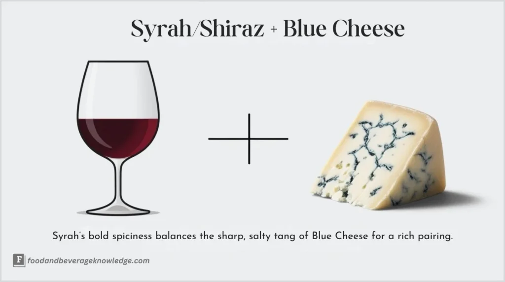 Syrah in a bold red wine glass beside crumbled blue cheese on a white background.