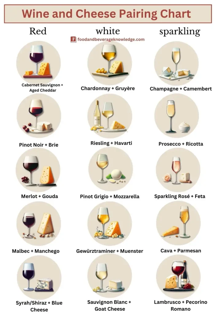 Infographic showing wine and cheese pairings for red, white, and sparkling wines with cheeses like Brie, Gouda, and Manchego.