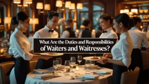Professional waiter and waitress serving guests at an elegant dining table, showcasing duties and responsibilities in food and beverage service.