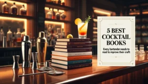 Stack of five essential cocktail books on a bar counter with bartending tools and a cocktail drink, in a stylish bar setting with warm lighting