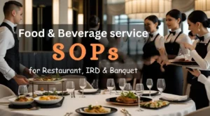 Food & Beverage service SOPs for Restaurant, In-Room Dining (IRD), and Banquet operations showcasing restaurant staff, room service, and banquet table setup.