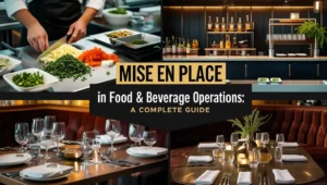 Mise en place in food and beverage operations showing kitchen prep, bar setup, restaurant table setting, and banquet layout.