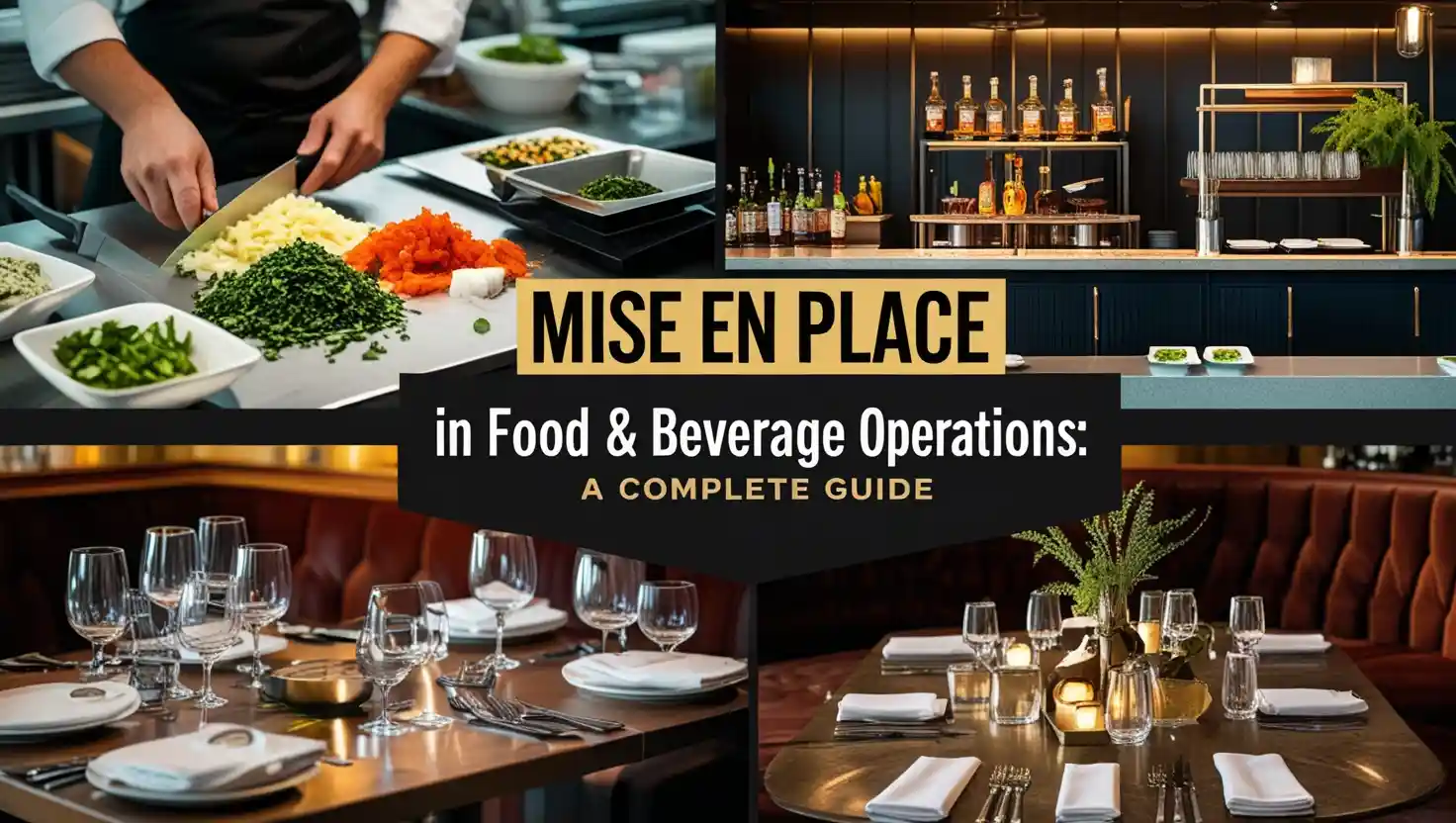 Mise en place in food and beverage operations showing kitchen prep, bar setup, restaurant table setting, and banquet layout.