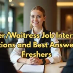 Young waitress giving a job interview in a restaurant – perfect for hotel management students and freshers preparing for waiter/waitress interviews.