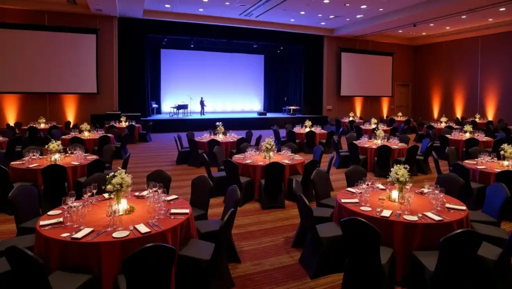 Banquet style table setup with round tables and covered chairs in a decorated hall
