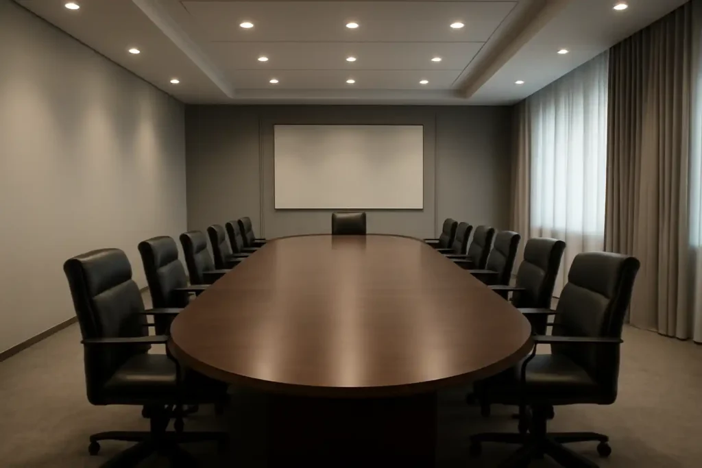 Boardroom setup with a long table and chairs on all sides in a formal room