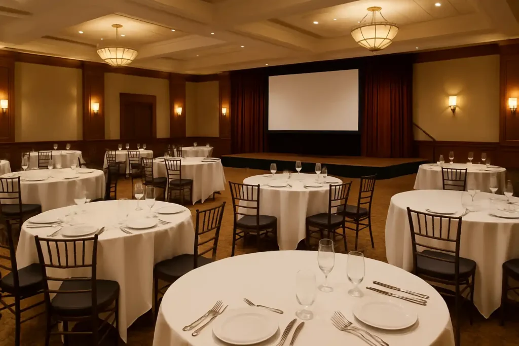 Cabaret-style event setup with round tables and chairs on one side, facing a presentation stage.