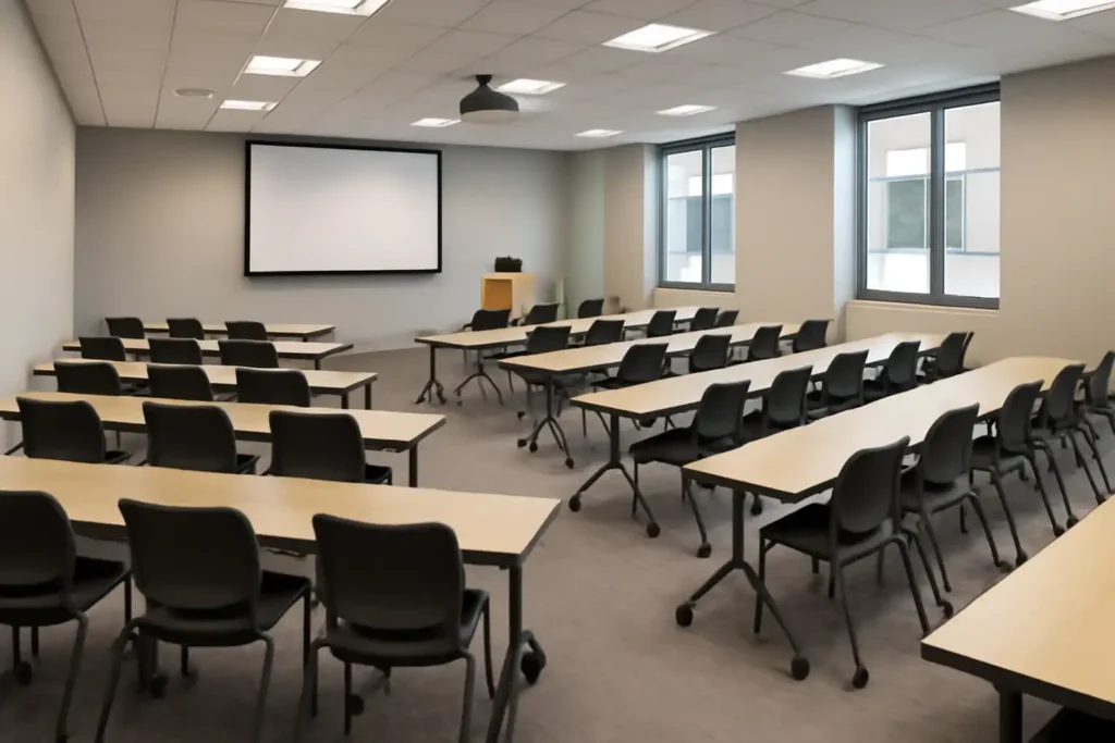 Chevron-style table setup with angled rows facing a central point