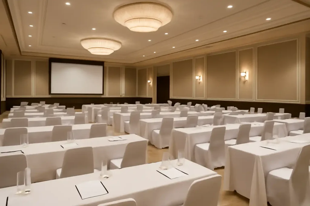 Classroom-style table setup with rows of rectangular tables facing forward