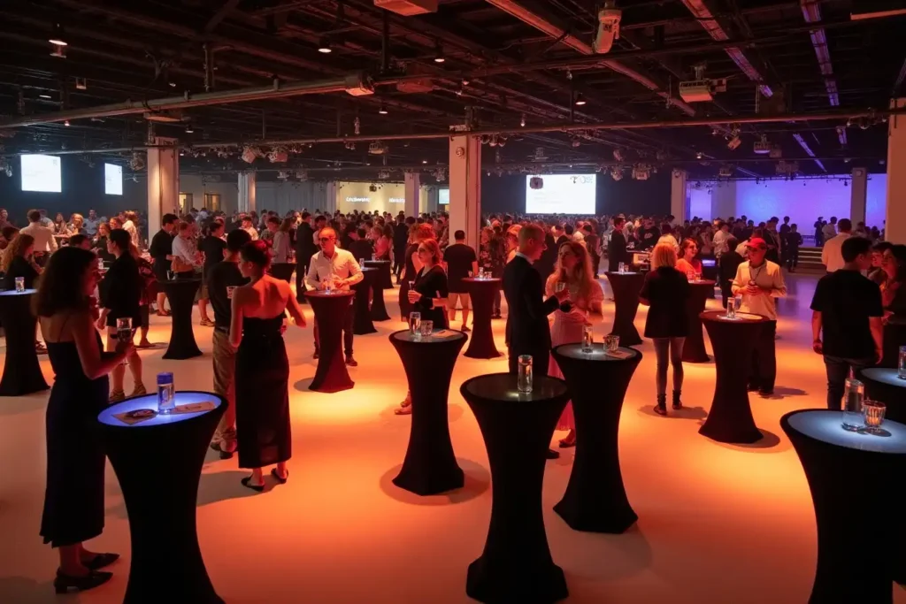 Cocktail or reception style with high-top tables and minimal seating