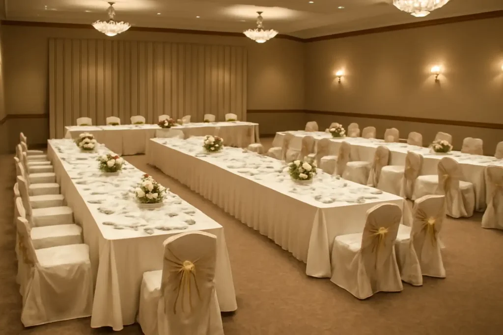 E-shaped banquet table setup with a head table and three perpendicular tables