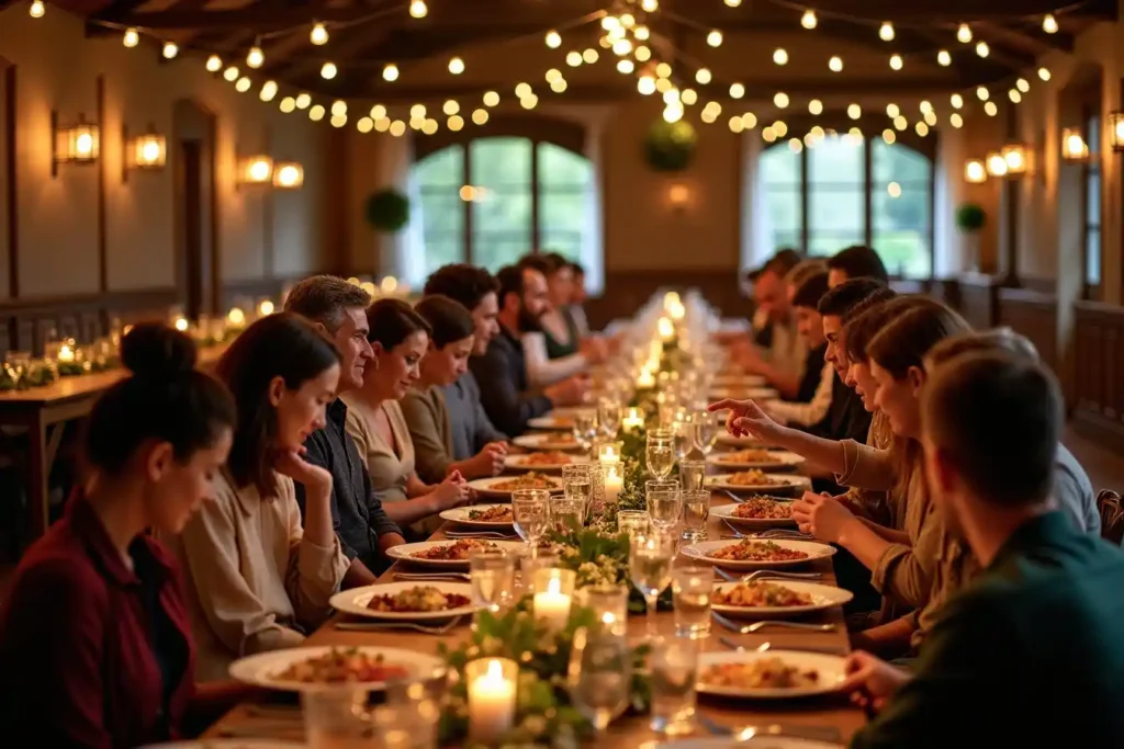 Family-style long table setup with rectangular tables and guests seated on both sides, sharing platters at a rustic event or wedding