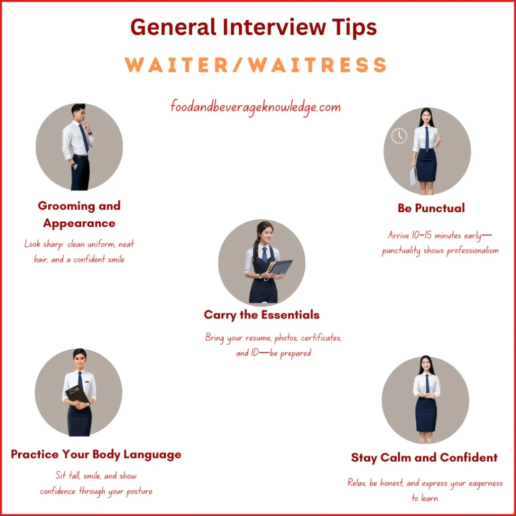 Infographic showing general interview tips for waiter and waitress freshers, including grooming, punctuality, essential documents, body language, and confidence."