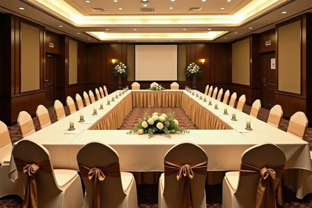 Hollow square banquet table setup with open center and chairs around the perimeter