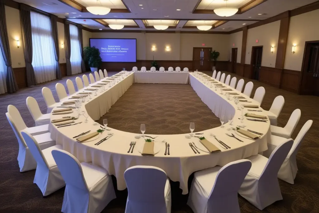 Horseshoe-style banquet table setup with wide open-end facing presenter