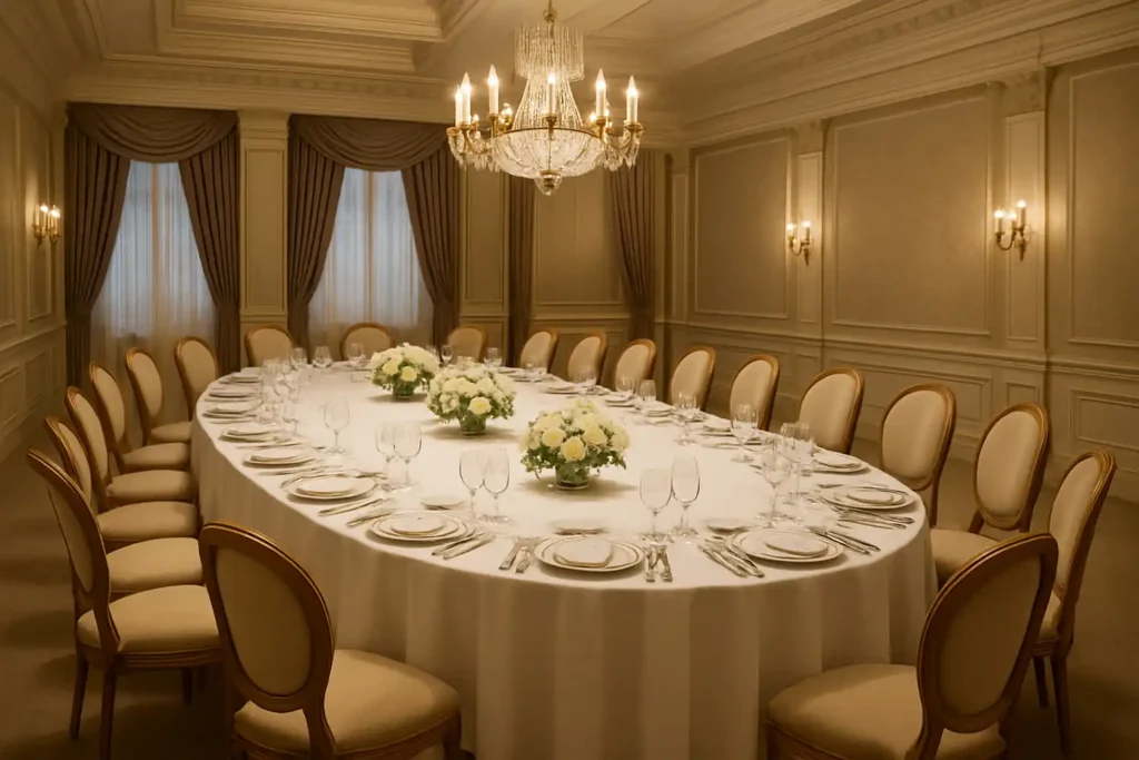Large oval banquet table setup for a formal diplomatic dinner with elegant place settings and floral centerpieces.